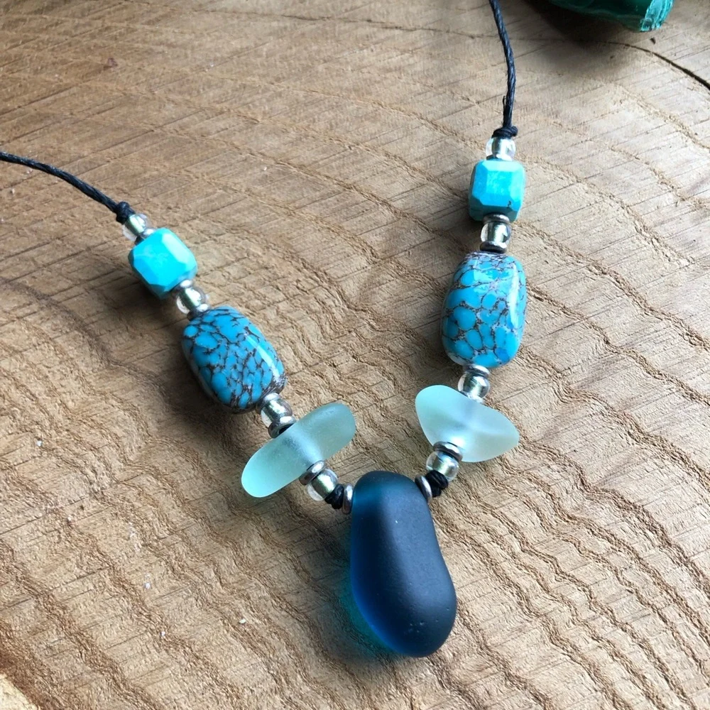 Blue‎ Sea Glass and Turquoise Beaded Necklace, Adjustable